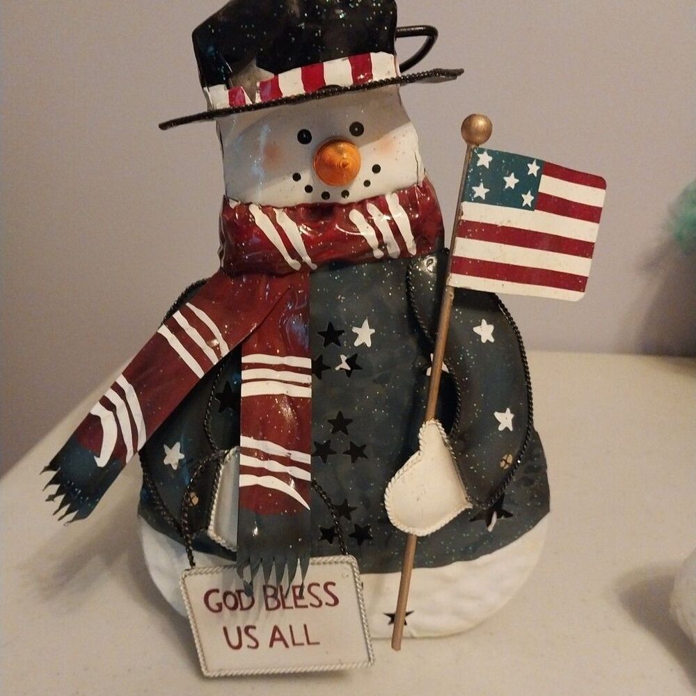 Home Interiors Patriotic Snowman Tealight Holder Metal Americana Decor Lantern
